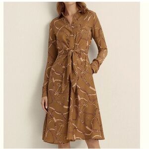 Lauren Ralph Lauren Equestrian print Shirt dress tie waist Camel
